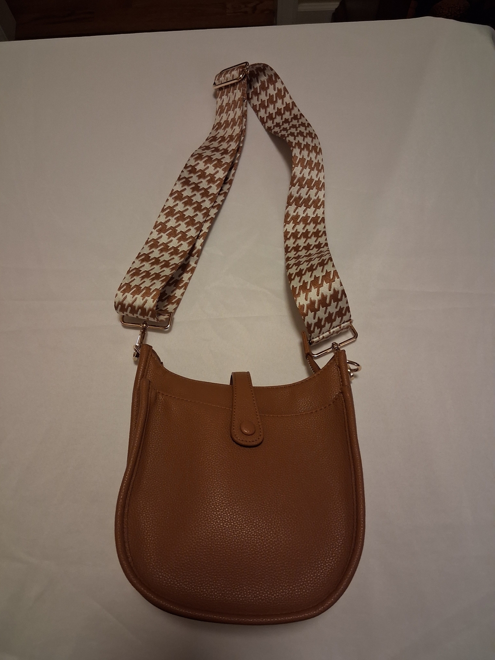 Ahdorned Brown Vegan Leather Crossbody Bag W Removable Houndstooth Check Strap